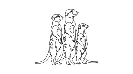 Obraz premium Three cute meerkats standing together line art illustration.