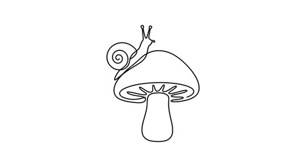 Continuous line art of a cute snail crawling on a wild mushroom. © heri