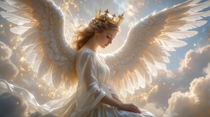 Fototapeta premium Serene angel with large white wings and golden crown sits in clouds. Female figure wears flowing white dress, looking down peacefully. Background shows starry sky with soft light.