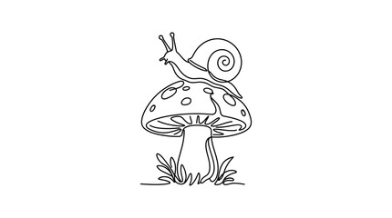 Continuous single line drawing of a cute snail crawling on a spotted mushroom. © heri