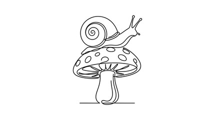 Continuous single line drawing of a cute snail on a mushroom. © heri