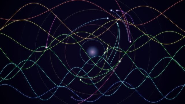 Quantum Core With Orbiting Particles And Neon Wave Paths