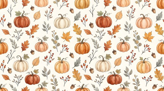 Seamless pattern with watercolor pumpkins and autumn leaves for a festive happy halloweeen background design