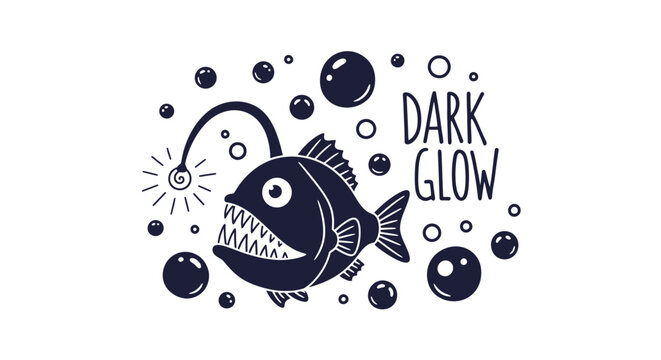 Minimalist black and white anglerfish illustration with bubbles and 'Dark Glow' text, deep sea marine life vector graphic.