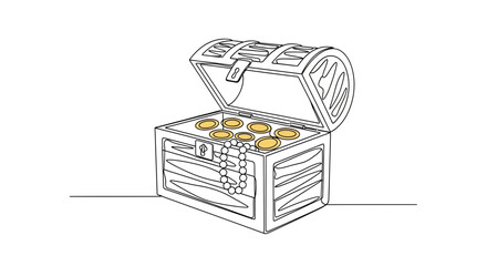 Open Treasure Chest with Gold Coins and Pearls, Hand-drawn Illustration © Gereh