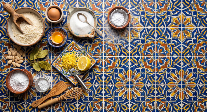 Almond cake Tarta de Santiago ingredients on Andalusian ceramic tile background