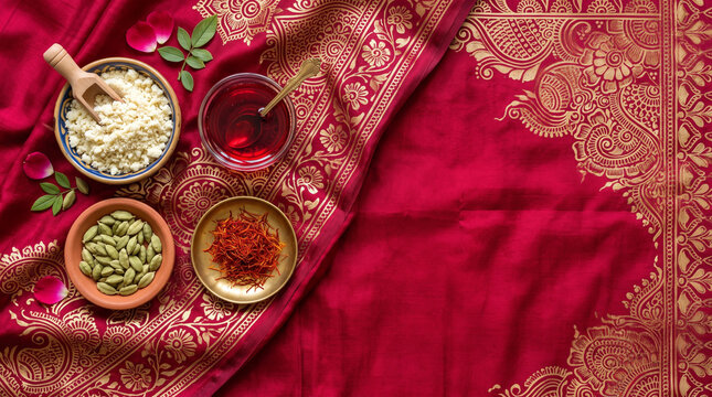 Top down view of Indian Gulab Jamun sweet ingredients on Mehendi henna fabric