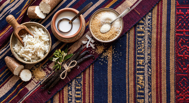 Overhead flat lay of West African Cassava dessert ingredients on Aso Oke fabric