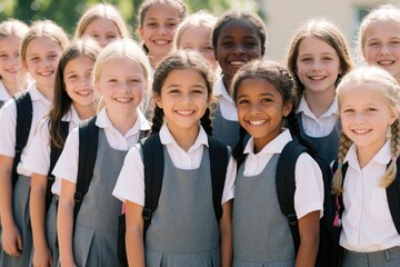 Obraz premium Group of diverse elementary school girls wear uniforms, backpacks standing together in line. Happy multiethnic children smile at camera outdoors. Young female students enjoy friendship at break time