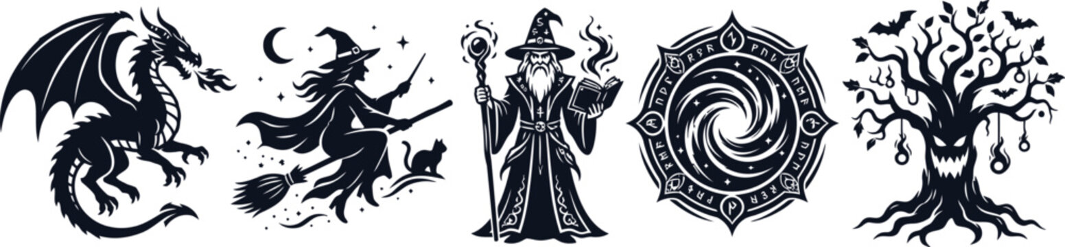 Mythical Creatures And Magical Elements Black Vector Illustration