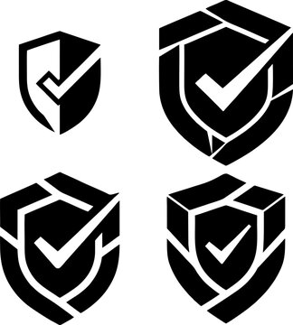 Four variations of security shield icons with checkmarks, symbolizing trusted protection, verified safety, and assured compliance for digital systems and comprehensive business solutions