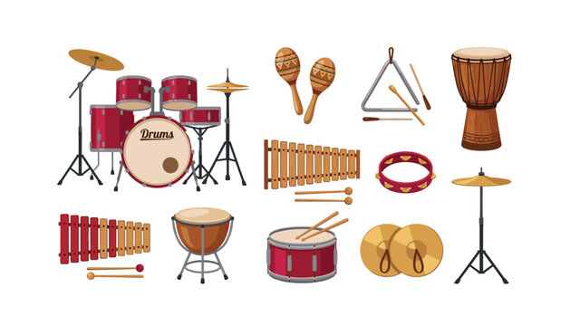 Acoustic drum kit and percussion musical instruments vector collection set . Maracas, xylophone, tambourine, cymbals isolated on white background .
