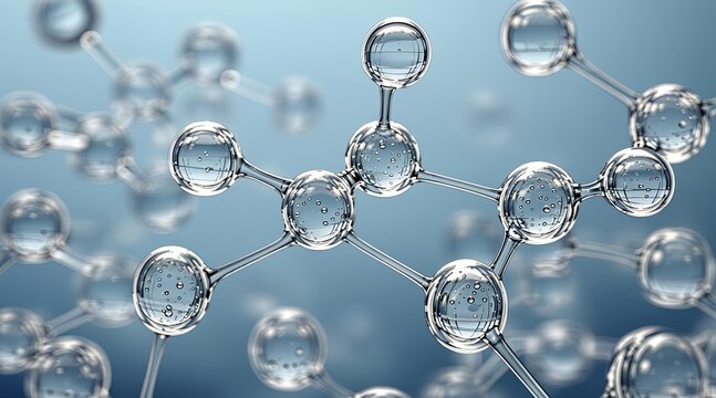 3D abstract molecular structure with transparent atom spheres and chemical bonds on blue background