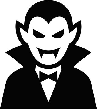 Black and white vampire icon with cape and fangs isolated on transparent background