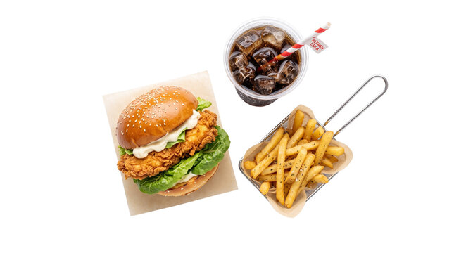 Crispy chicken burger combo with golden french fries and iced cola, fast food meal set with sesame bun sandwich and potato chips, overhead view isolated PNG with Transparent Background
