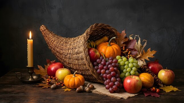 Rustic cornucopia filled with autumn harvest fruits and vegetables for a happy halloweeen celebration background