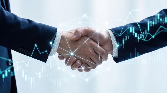 Businessmen shaking hands with abstract financial graph overlays signifying partnership and growth