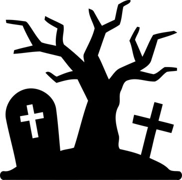 Black silhouette of a dead tree and gravestones in cemetery isolated on transparent background