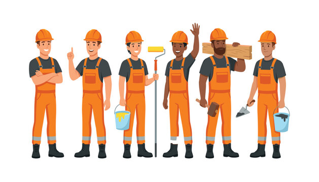 Professional construction workers characters set wearing orange overalls . Builders holding paint roller, hammer, trowel, timber isolated on white .