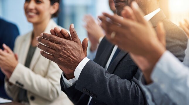 Diverse business people clapping hands during a successful meeting with warm sunlight