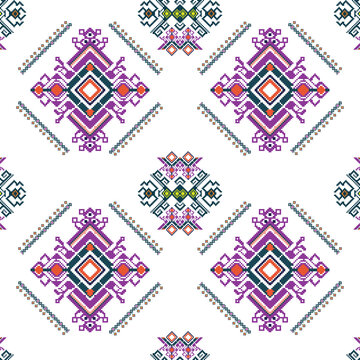 Traditional ethnic embroidery pattern on grid background, purple geometric Hmong cross stitch seamless design