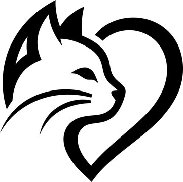 Minimalist cat head silhouette icon with a heart shape isolated on transparent background