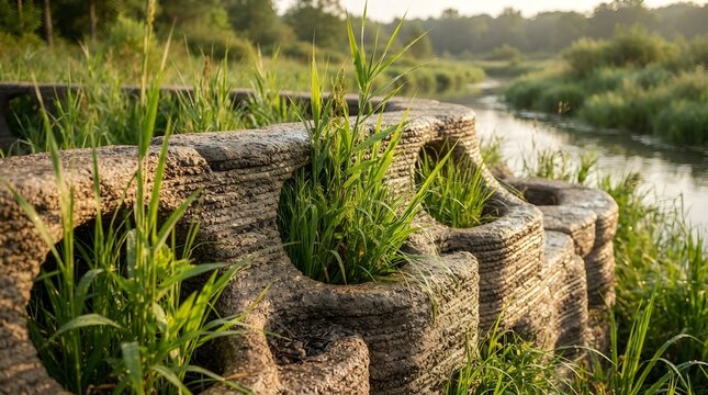 Green wetland grass growing through concrete flood wall showing nature surviving climate design