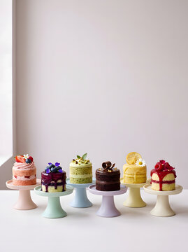 Various flavored cakes on pedestals realistic food photography with a light colored background with empty space for copy text marketing