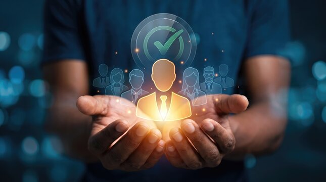 Male hands holding glowing human icon with checkmark over blurred team during digital selection process