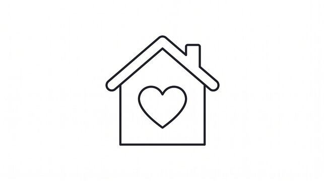 A minimal black and white outline icon featuring a simple house shape with a heart symbol inside and a small chimney on the roof, representing home, love, comfort, and real estate.
