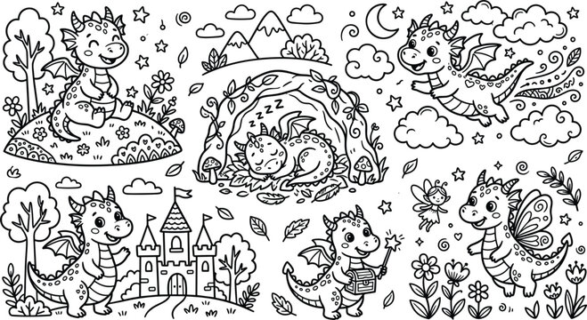  Cute Fairytale Magic Forest and Baby Dragon Line Art Clipart Sheet Featuring Sleeping Little Dragons Whimsical Castles Pixie Fairies and Flying Monsters Coloring Vectors