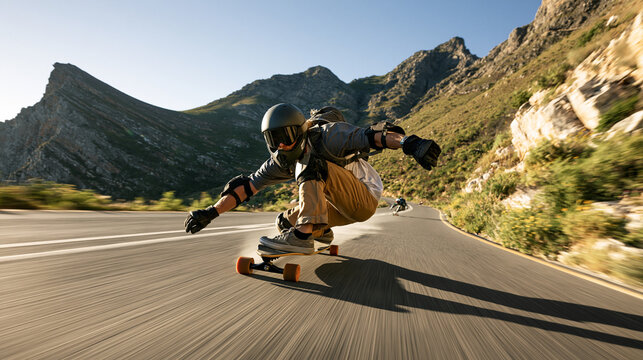 Extreme Skateboarding and Longboard Action: Freestyle Adventure in Scenic Mountain Landscapes