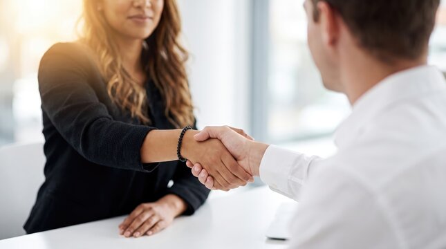 Professional woman and man shaking hands during a business meeting with warm sunlight