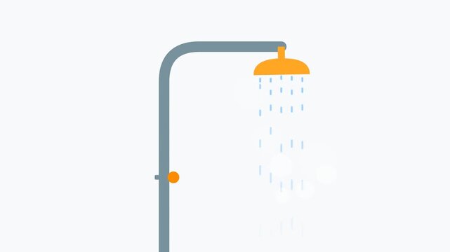 Shower head animation with flowing water. Flat design graphic of bathroom plumbing fixture.