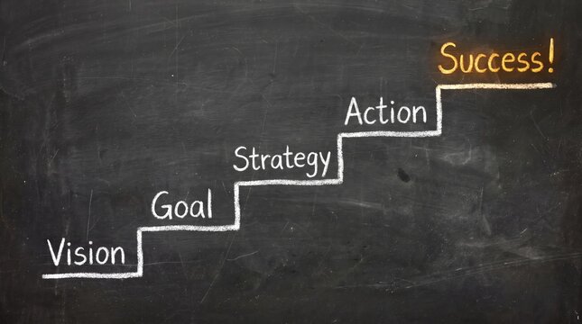 Steps toward success drawn on a blackboard with chalk in a conceptual representation of business growth