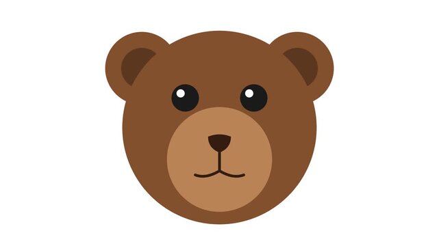Cute brown bear face animation. Simple 2D vector character head moving on white background.