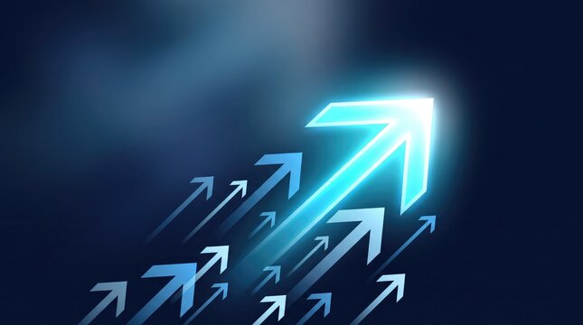Upward glowing arrows in motion against a dark blue gradient symbolizing growth and progress with speed