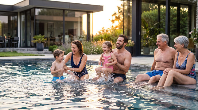 Three generation family relaxing and playing together in their backyard swimming pool at golden hour