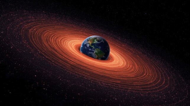 Earth sits centered within a glowing swirling cosmic accretion disk of space dust and starlight in the deep galaxy.