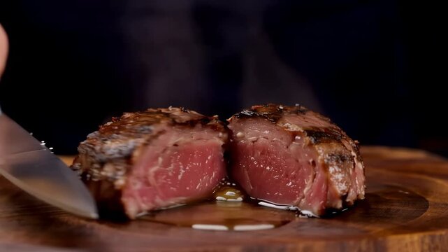 Close up of slicing a freshly grilled steaming rare beef steak in half on a wooden cutting board