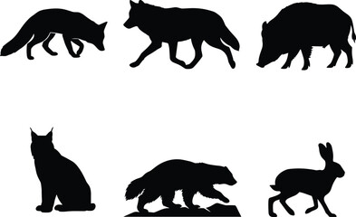 Fototapeta premium Black Silhouette Icons of Wild Mammals Including Fox, Wolf, Boar, Lynx, Wolverine, and Hare