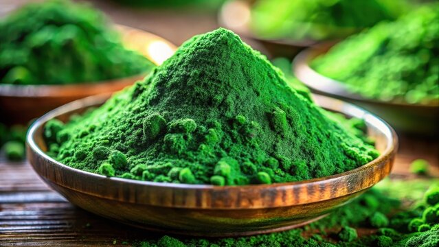 Closeup of vibrant green spirulina powder texture for healthy living concept