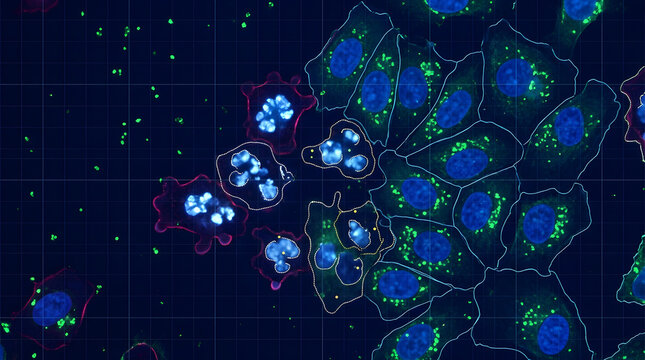 Microscopic view of cellular structures with highlighted nuclei