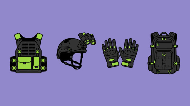 Modern Tactical Military Equipment Vector Set Featuring Bulletproof Vest, Night Vision Helmet, Protective Gloves, and Tactical Backpack