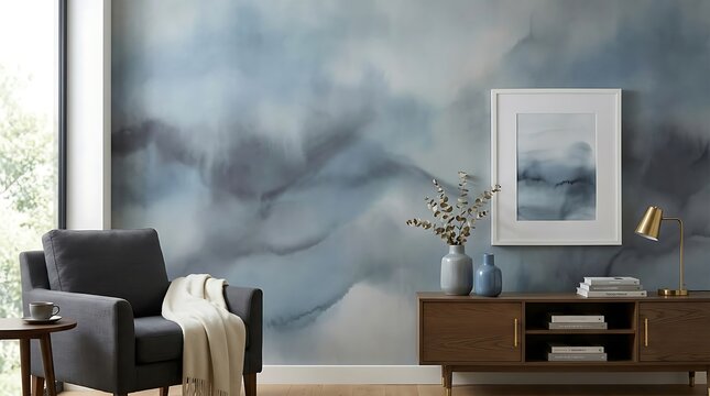 Modern minimalist living room interior with blue abstract watercolor wallpaper and gray armchair