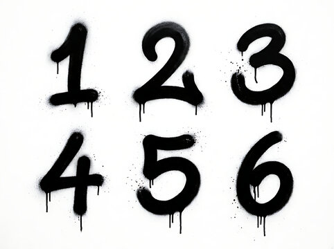Set of numbers one to six in spray paint style with graffiti counting typography lettering vandalism creative isolated