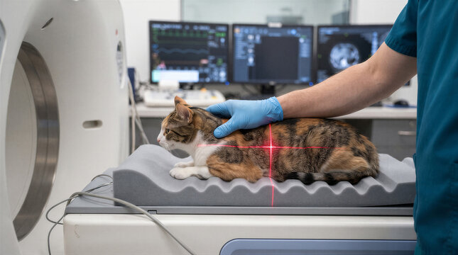 Veterinarian performing a ct scan on a cat in a veterinary clinic, using a laser alignment tool to position the animal for imaging