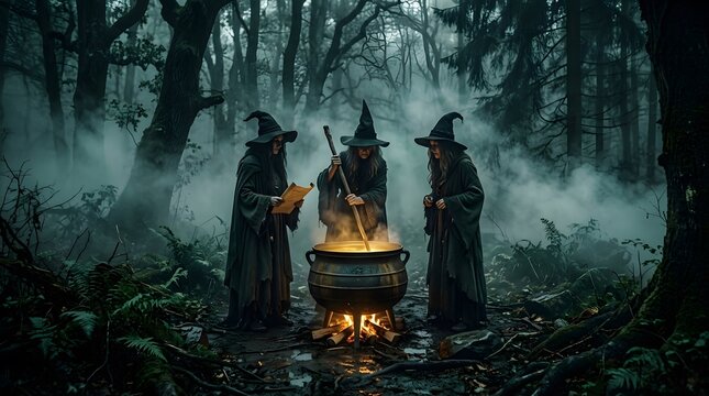 Three mysterious witches brewing a magic potion in a dark misty forest for a spooky happy halloweeen celebration