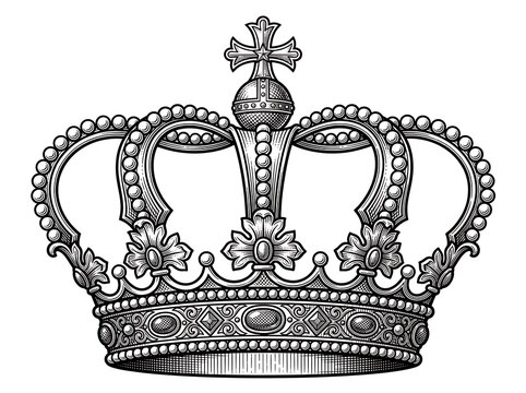 Ornate detailed royal crown vintage illustration with engraving monarchy sovereign illustration heraldry imperial nobility monochrome authority historical
