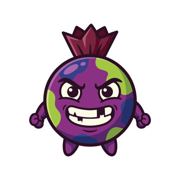 Cartoon illustration of an angry pomegranate monster character featuring a round purple body with green spots, a crown-shaped top, clenched teeth, and a missing tooth.